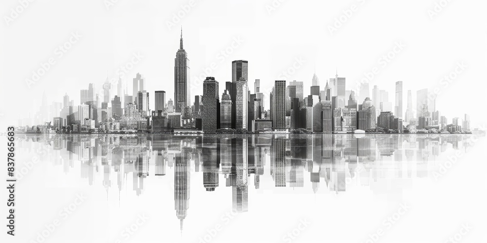 Skyline view of a metropolis with iconic skyscrapers and busy downtown streets, highlighting the architectural of the city, isolated white background, copy space Skyline view of a metropolis with iconic skyscrapers and busy downtown streets, highlighting the architectural of the city, isolated white background, copy space