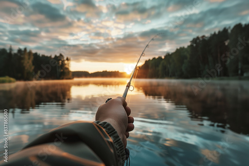 With fishing rods in hand, anglers enjoy the peaceful waters, capturing the essence of a serene lake surrounded by natural beauty in a commercial photo. The photographer uses a wid photo