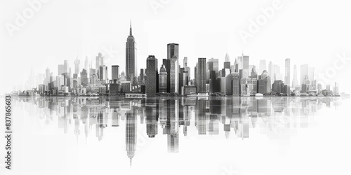 Skyline view of a metropolis with iconic skyscrapers and busy downtown streets  highlighting the architectural marvels of the city  isolated white background  copy space