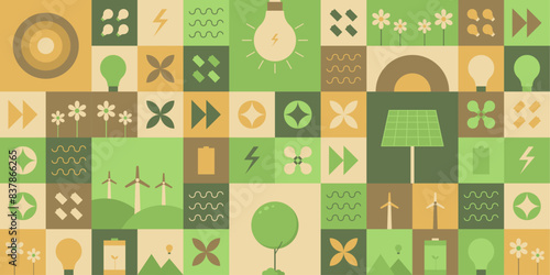 Template design for green energy and world environment day with geometric seamless pattern. The mosaic background features simple shapes such as bulbs, windmills, flowers, a solar panel, and more.