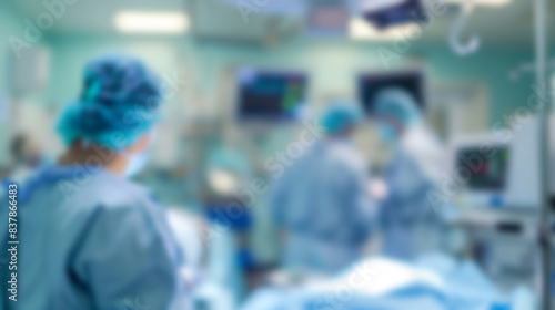 Blurred background of surgeons operating in the hospital. Blurred image of medical team performing surgery on patient in operating room, medical background concept.