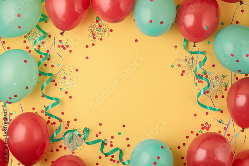 Frame of ruby red and pastel green balloons, glitter streamers, and confetti on a bright yellow background, birthday celebration.