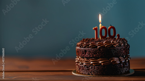 Chocolate cake with a 100th birthday candle lit on top.