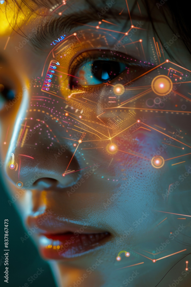 A closeup of an asian woman face with futuristic digital symbols, lines illuminating her face, focus on her pupils A closeup of an asian woman face with futuristic digital symbols, lines illuminating her face, focus on her pupils