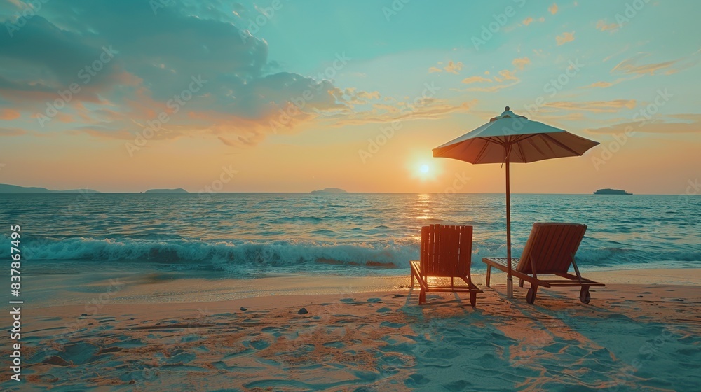 A beautiful panorama of sunrise on a beach, a vibrant colored sky, two lounge chairs, an umbrella and beach sand. A beautiful panorama of sunrise on a beach, a vibrant colored sky, two lounge chairs, an umbrella and beach sand.