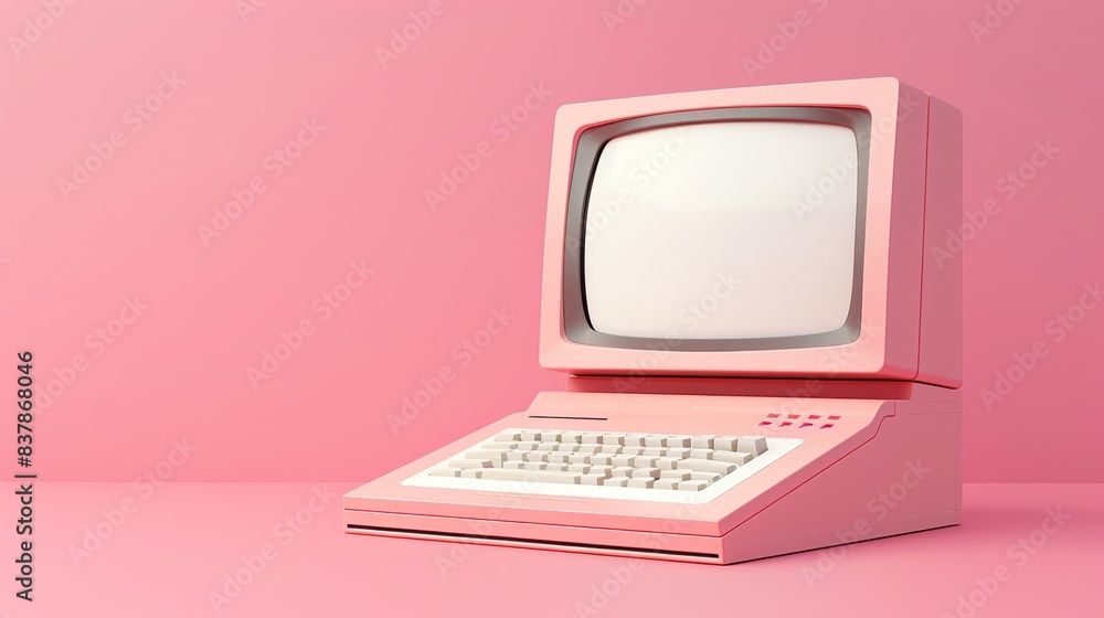 Retro old computer monitor with a blank screen and an isolated keyboard on light pink background. Retro old computer monitor with a blank screen and an isolated keyboard on light pink background.