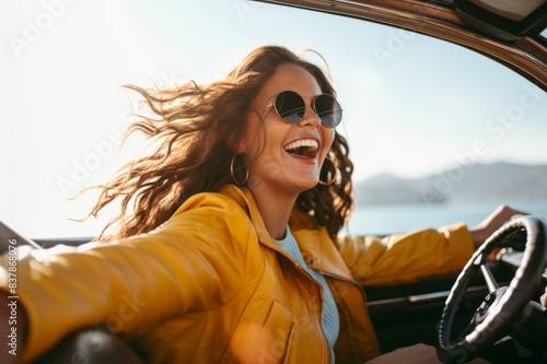 woman having fun while driving car