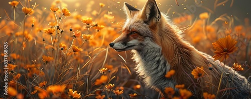 A red fox in the wild, orange and yellow flowers, detailed fur, digital painting done in the style of fantasy art, warm lighting, portrait photo