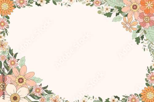 Hand Drawn Groovy Retro Flower Frame Background