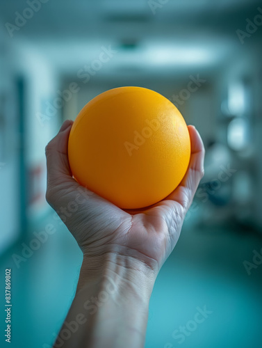 A hand holding a yellow ball in a blurred background.