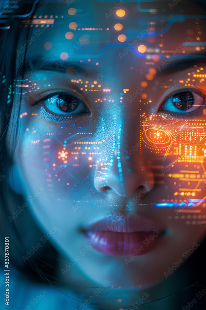 A closeup of an asian woman face with futuristic digital symbols, lines illuminating her face, focus on her pupils A closeup of an asian woman face with futuristic digital symbols, lines illuminating her face, focus on her pupils