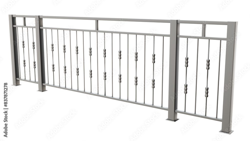 3D illustration features a modern, minimalist metal balustrade with handrail, inspired by Indochine design (transparent background). Ideal for creating clean and sophisticated exterior spaces. 3D illustration features a modern, minimalist metal balustrade with handrail, inspired by Indochine design (transparent background). Ideal for creating clean and sophisticated exterior spaces.