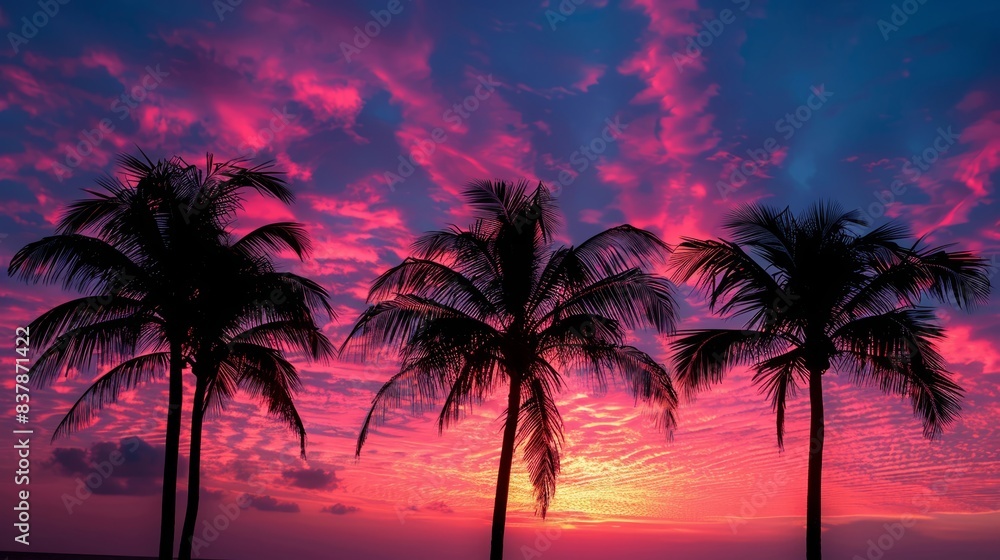 Silhouetted palm trees against a vivid sunset sky on the beach Silhouetted palm trees against a vivid sunset sky on the beach