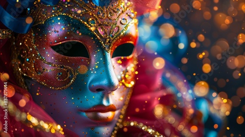 Colorful masquerade mask with glitter and vibrant decorations © PRI
