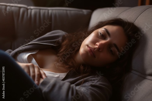 close-up of sad woman lying on sofa at home © alisaaa