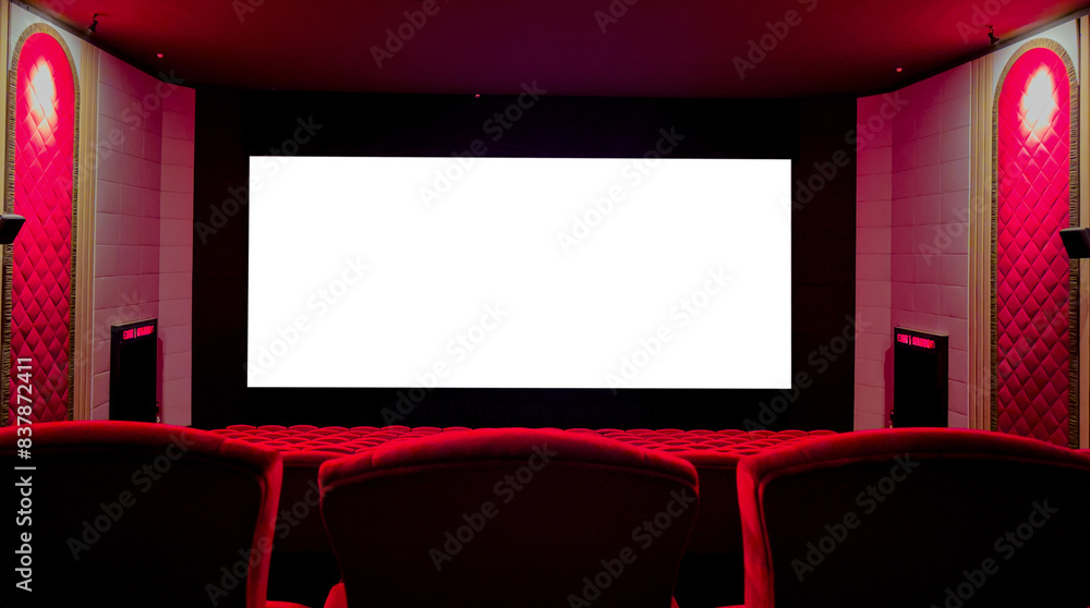 Fototapeta premium Blank cinema with empty white movie screen. cinema mockup