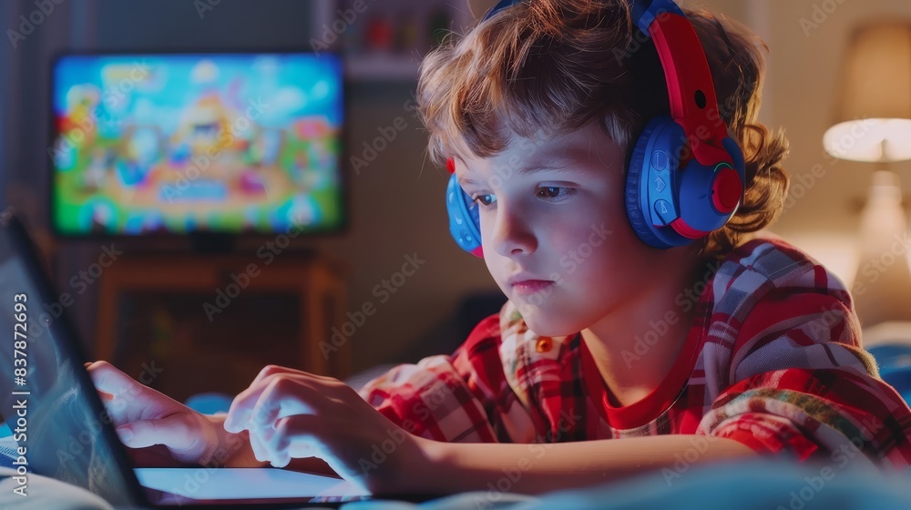 He watches cartoons on his tablet while barefoot in headphones He watches cartoons on his tablet while barefoot in headphones