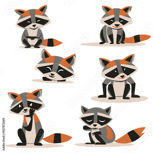 Six cartoon raccoons showing various emotions gestures against isolated white background. Top left raccoon smiles closed eyes, middle right one stands confidently, bottom left appears sad