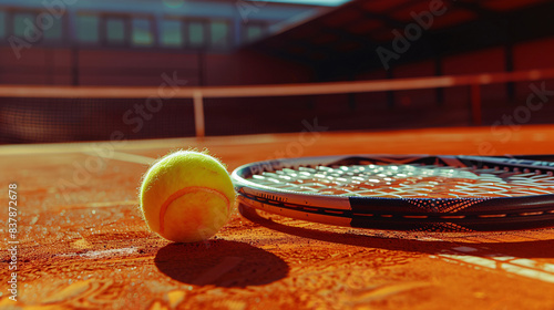 Tennis ball and racket on a clay court, highlighting the equipment and environment © wasan