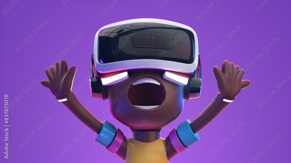 Cartoon character in VR goggles raising arms and mouth wide with purple background created by AI Cartoon character in VR goggles raising arms and mouth wide with purple background created by AI