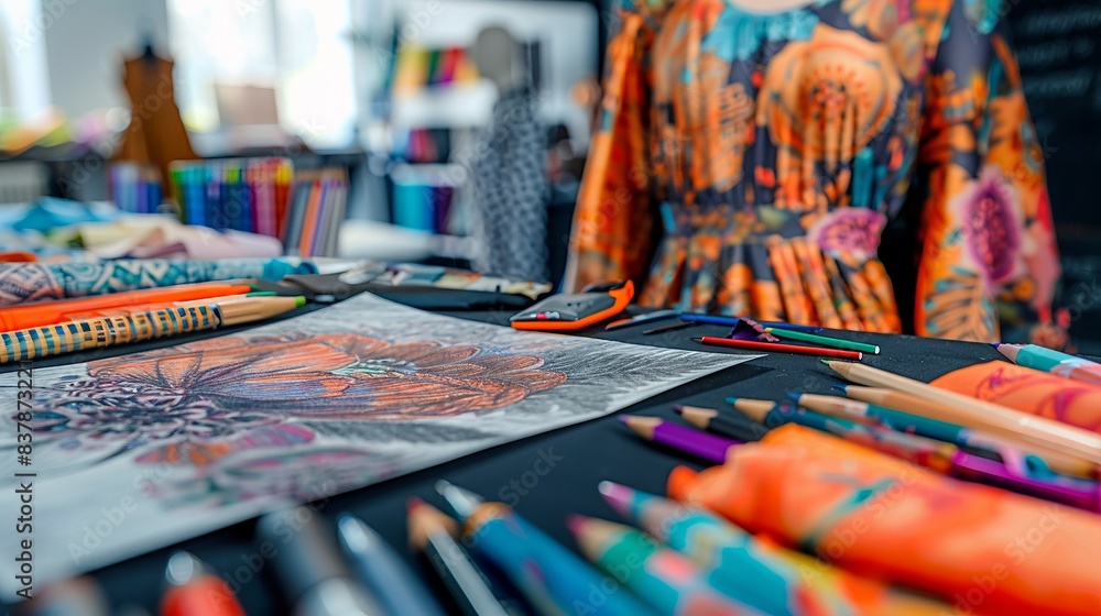 Colorful art supplies and sketches in a vibrant creative workspace Colorful art supplies and sketches in a vibrant creative workspace