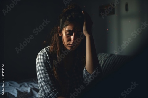 depressed woman sitting on a bed with headache in darkend room photo