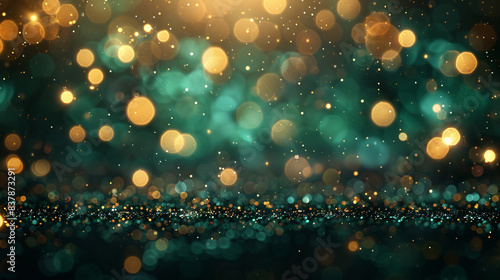A striking bokeh background with deep emerald and gold lights, creating a rich and luxurious ambiance