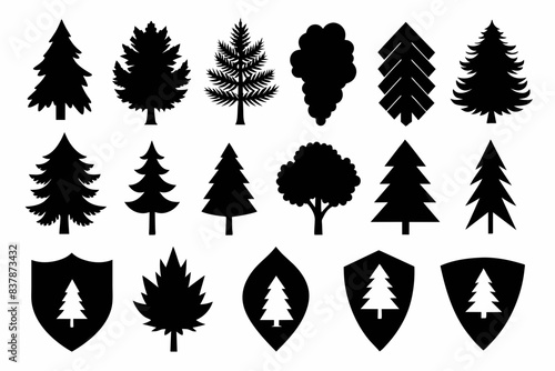 A Set of 27pcs Tree outdoor travel black silhouette coniferous natural badges, tops pine spruce branch cedar and plant leaf abstract stem drawing vector illustration Silhouette Design 