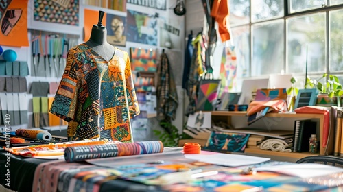 Colorful fashion design studio with fabrics and tools photo