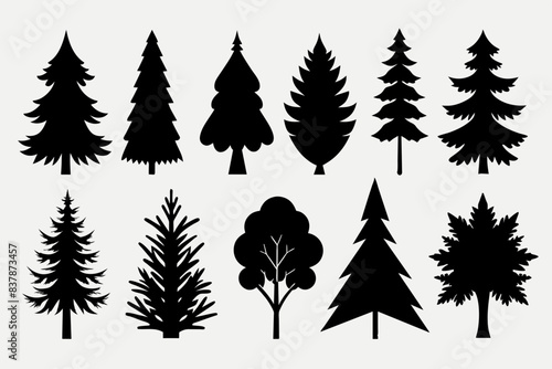 A Set of 27pcs Tree outdoor travel black silhouette coniferous natural badges, tops pine spruce branch cedar and plant leaf abstract stem drawing vector illustration Silhouette Design 