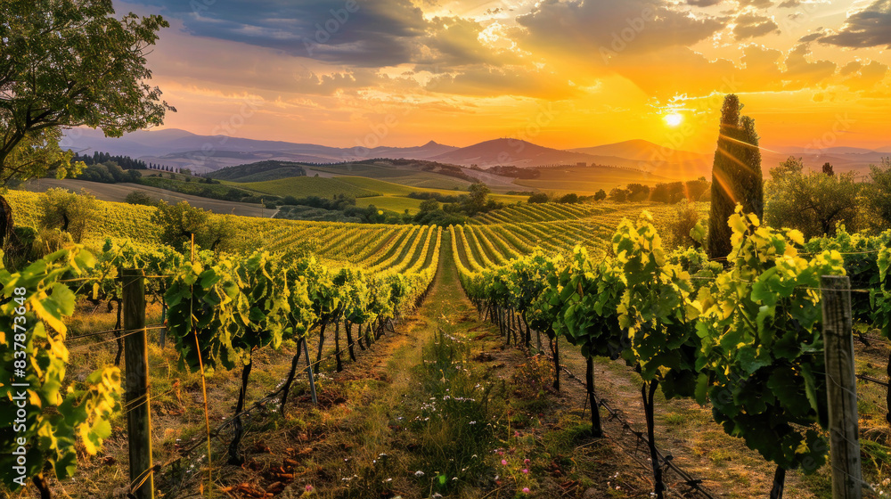 Naklejka premium Golden Sunset Over Grapevines, Harvest time, a stage in the wine-making process, les vendanges, grape harvesting, a seasonal job.
