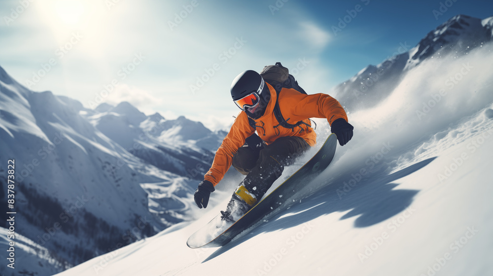 Snowboarder in orange suit who is snowboarding down the snowy mountain Snowboarder in orange suit who is snowboarding down the snowy mountain
