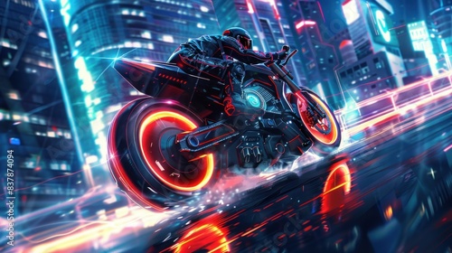 A futuristic motorcycle rides through the streets of a futuristic neon Cyberpunk City. © abdul kahfi