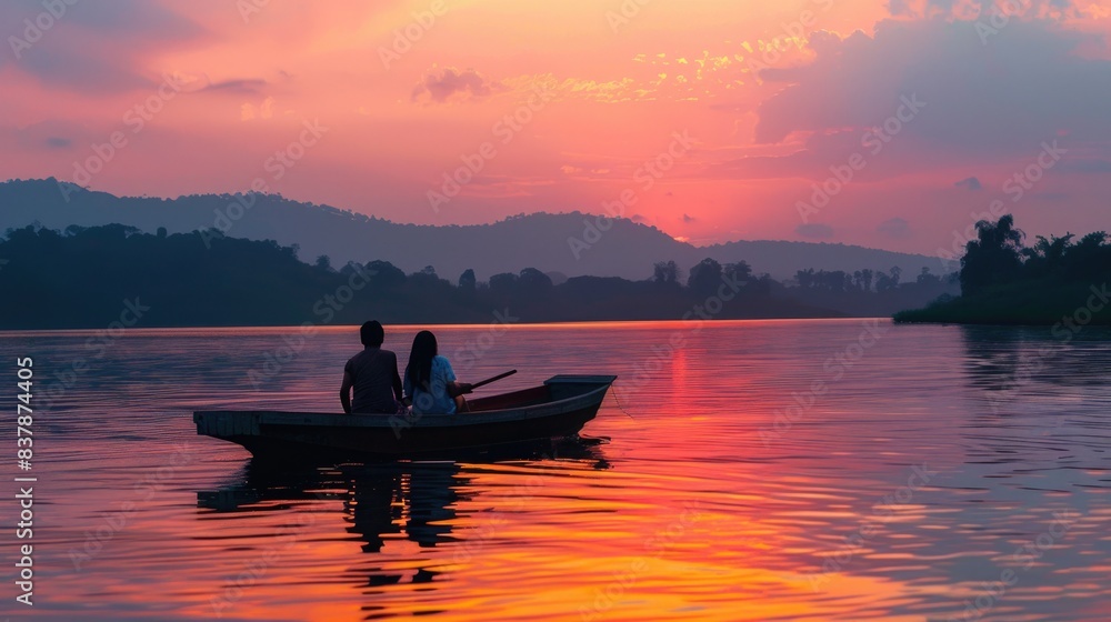 Serene Sunset Romance: Couple Enjoys Romantic Boat Ride on Tranquil Lake with Pink and Orange Sky Background