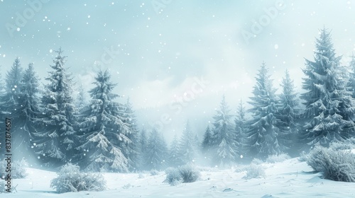 Snowy landscape with pine trees, cool tones, peaceful winter scene, copy space