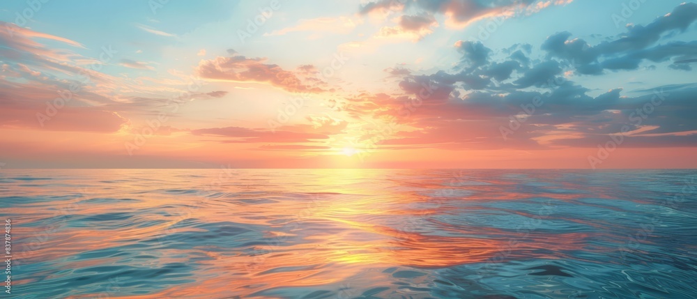 Obraz premium Sunset over calm ocean, pastel sky, warm tones, serene atmosphere, copy space