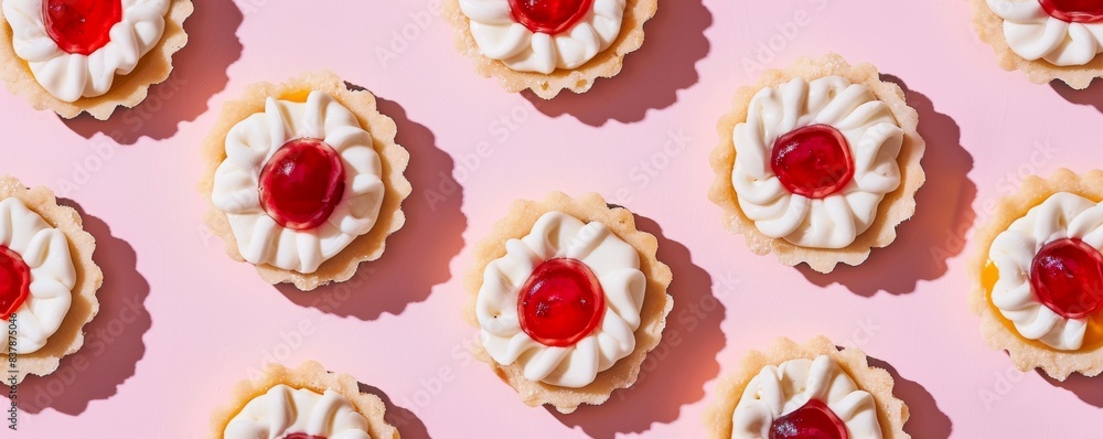 Pattern of white jam tarts with cream and cherry on pink background Pattern of white jam tarts with cream and cherry on pink background