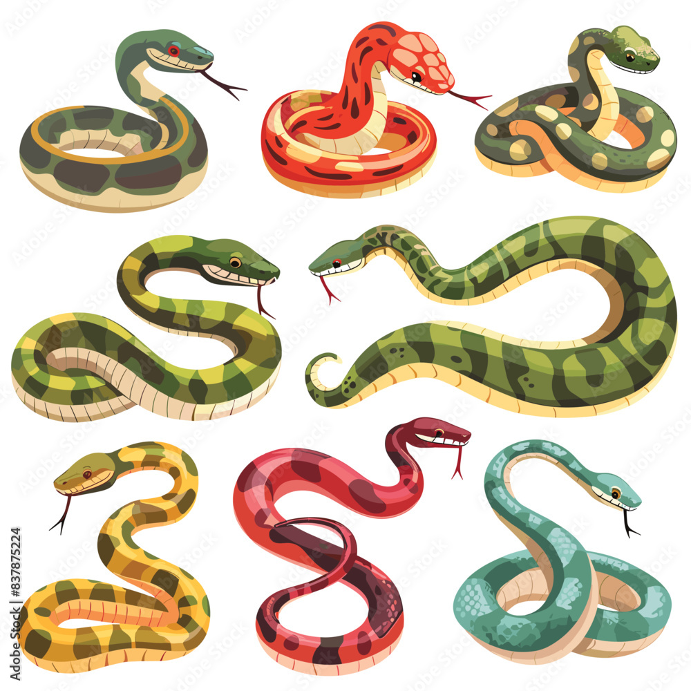 Fototapeta premium Assortment cartoon snakes, various colors patterns, coiling slithering positions. Brightly colored serpents friendly cartoon expressions, different species represented. Cute snake collection