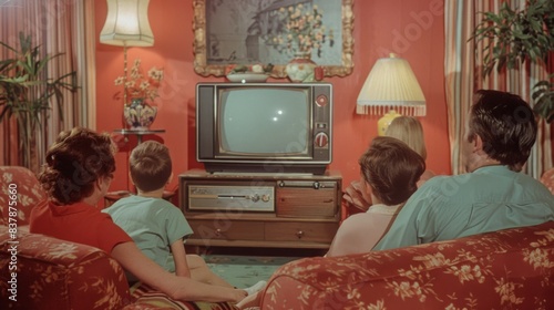 A family gathered around a retro television set in a 1960s-style living room