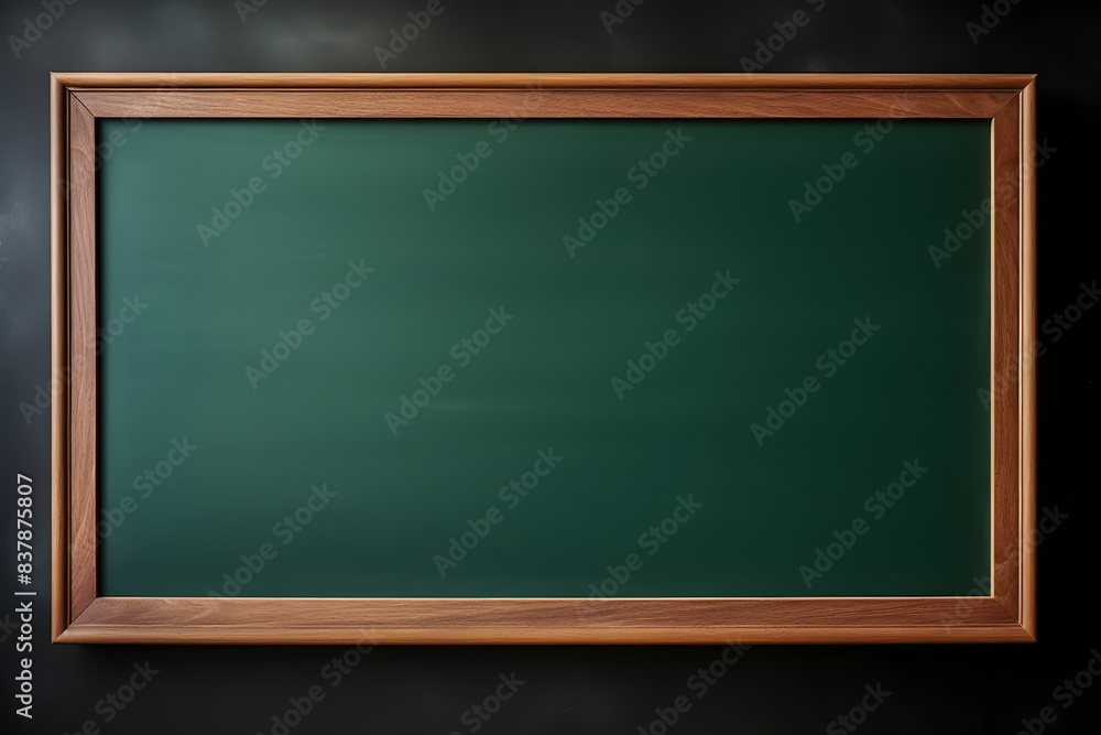A blank green chalk board hangs on a dark wall. and copy space Billboard wooden frame for inserting messages A blank green chalk board hangs on a dark wall. and copy space Billboard wooden frame for inserting messages