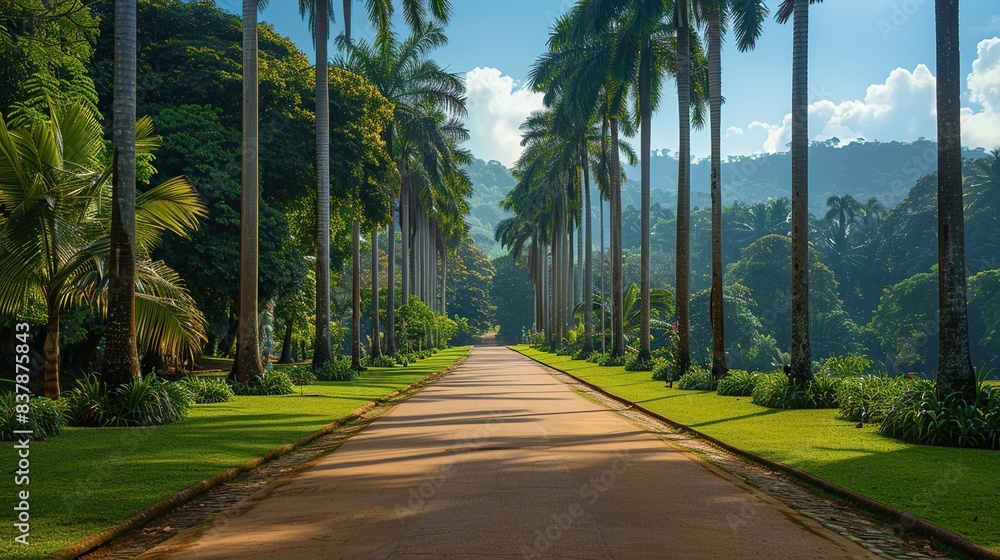 A beautiful straight path runs through the garden. Tall palm trees line both sides of the path. A beautiful straight path runs through the garden. Tall palm trees line both sides of the path.