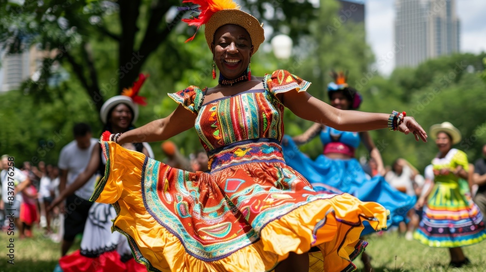 A vibrant multicultural festival in a city park, featuring people in traditional attire performing a lively dance. A vibrant multicultural festival in a city park, featuring people in traditional attire performing a lively dance.