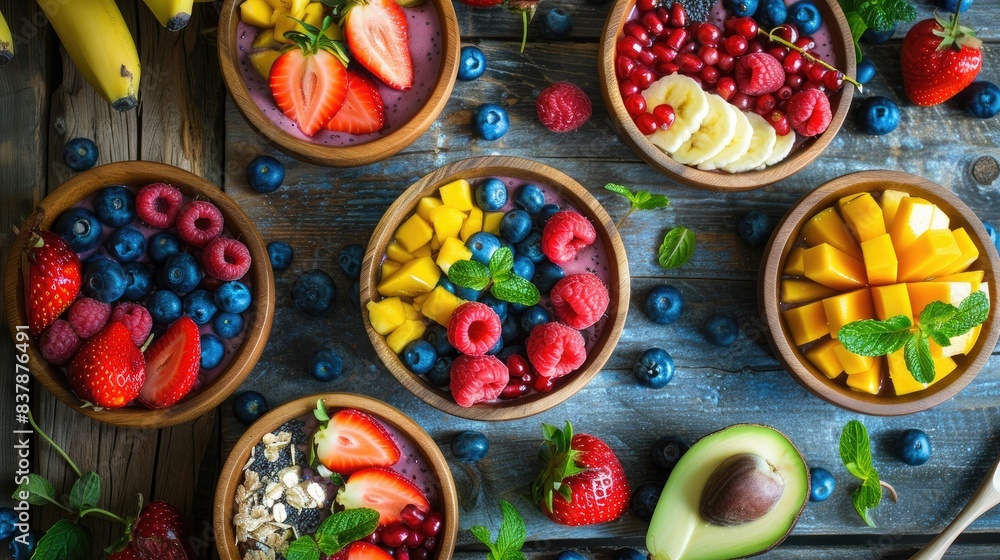 Vibrant Morning Bliss: Fresh Smoothie Bowls and Fruits on Rustic Breakfast Table. Vibrant Morning Bliss: Fresh Smoothie Bowls and Fruits on Rustic Breakfast Table.