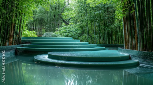 A tiered pastel teal podium placed in a serene bamboo grove, with a shallow pond reflecting the greenery and adding a sense of tranquility. shiny, Minimal and Simple, photo
