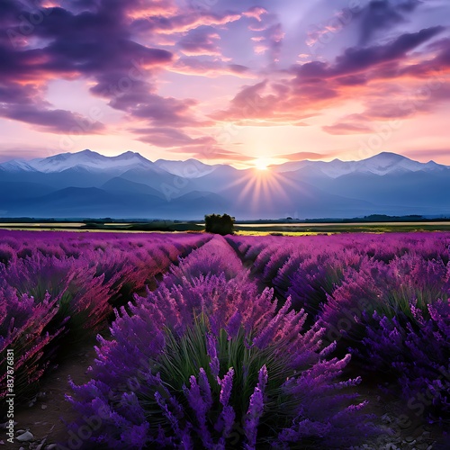 A panoramic photo of a field of lavender at sunset 