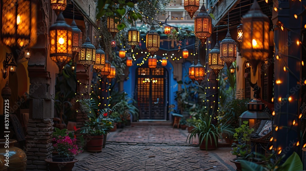 Fototapeta premium A beautifully decorated home with lights, and traditional ornaments, ready to welcome guests for the celebration.