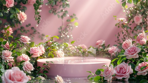 Fototapeta Naklejka Na Ścianę i Meble -  A pastel blush pink podium surrounded by blooming roses and ivy, with a light mist of water creating a dewy, romantic ambiance. shiny, Minimal and Simple,