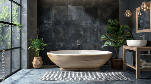 modern bathroom interior with tub and wooden stand sink  3d rendering