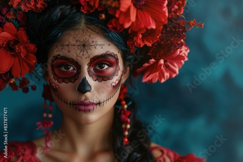 Vibrant portrait capturing Dia de los Muertos festivity in Mexico. The girl, with calavera makeup, flowers, and a bright attire, epitomizes celebratory energy. 