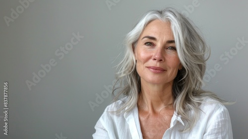 Close-up portrait of a middle-aged woman in her 50s, boasting luxurious gray hair and a radiant smile. Demonstrates the efficacy of skin and hair care cosmetics.  © Jam